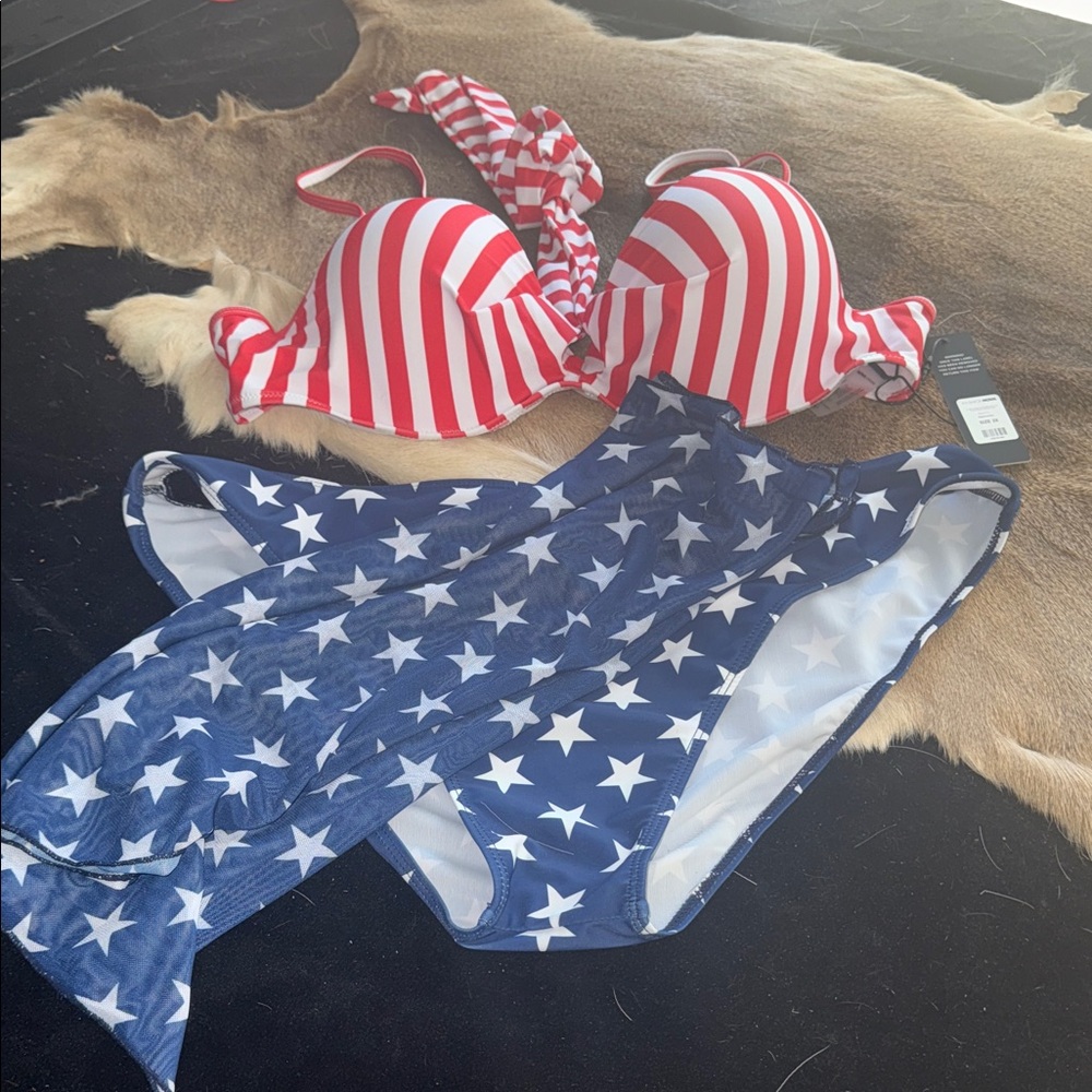 Red and White Striped Bikini Top with Blue Star Bottom
